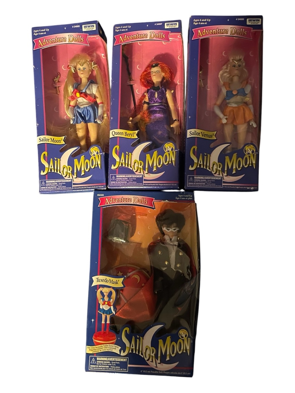 Sailor Moon NIB lot of 4 dolls: Sailor Moon, Tuxedo Mask, Beryl, Sailor Venus